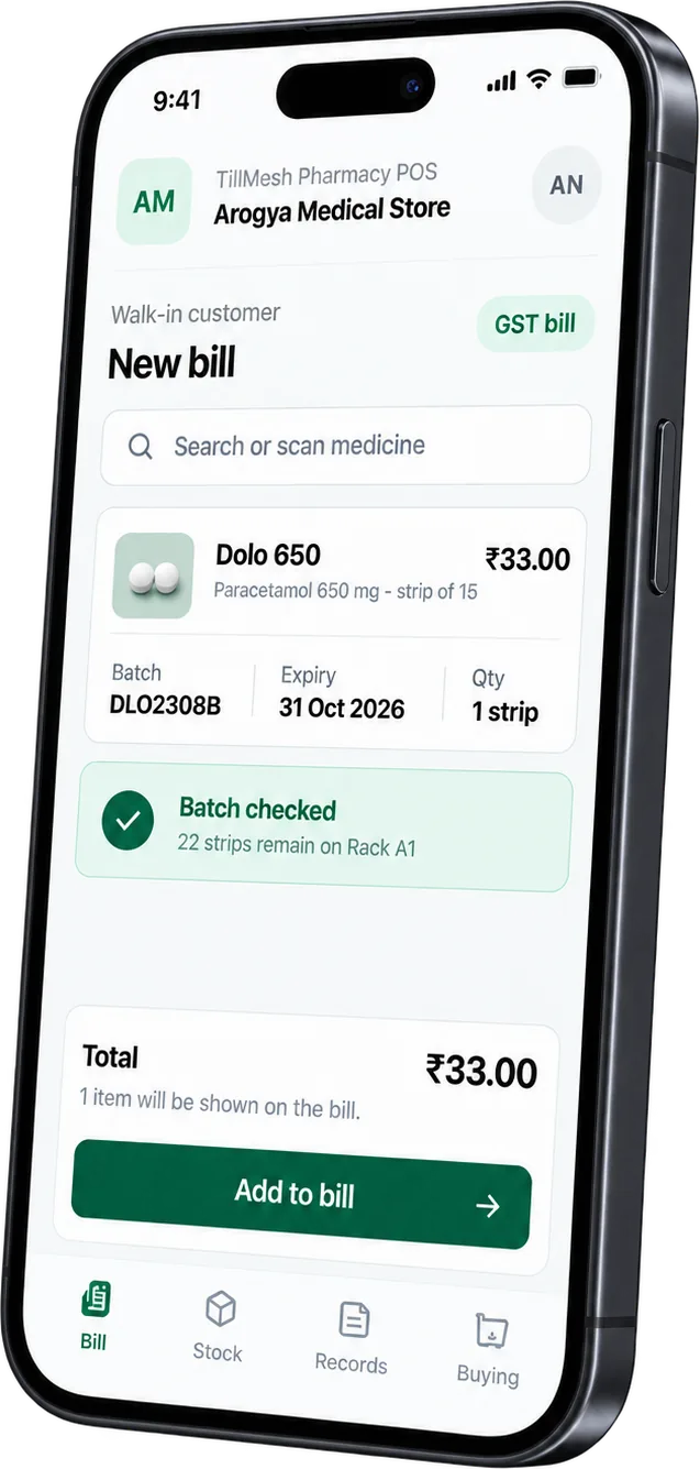 TillMesh Pharmacy POS on a phone, showing a bill with batch and expiry
